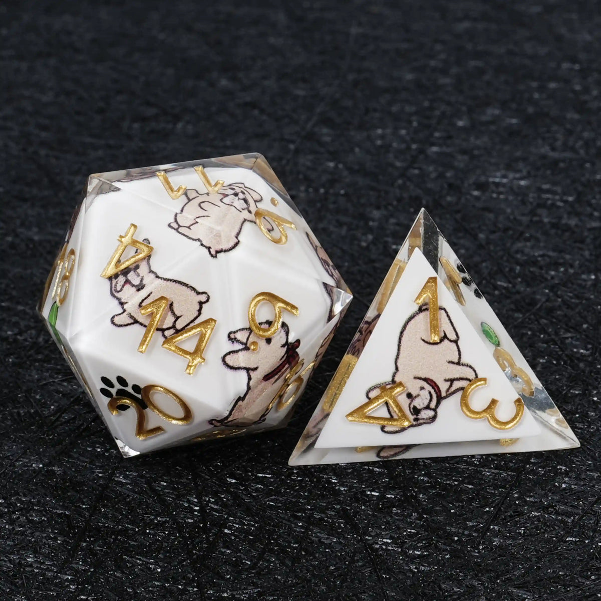 Dog Resin DND Dice Set – French Bulldog – Kickstarter Dice – White Resin Bulldog DND D20 and D4 Dice