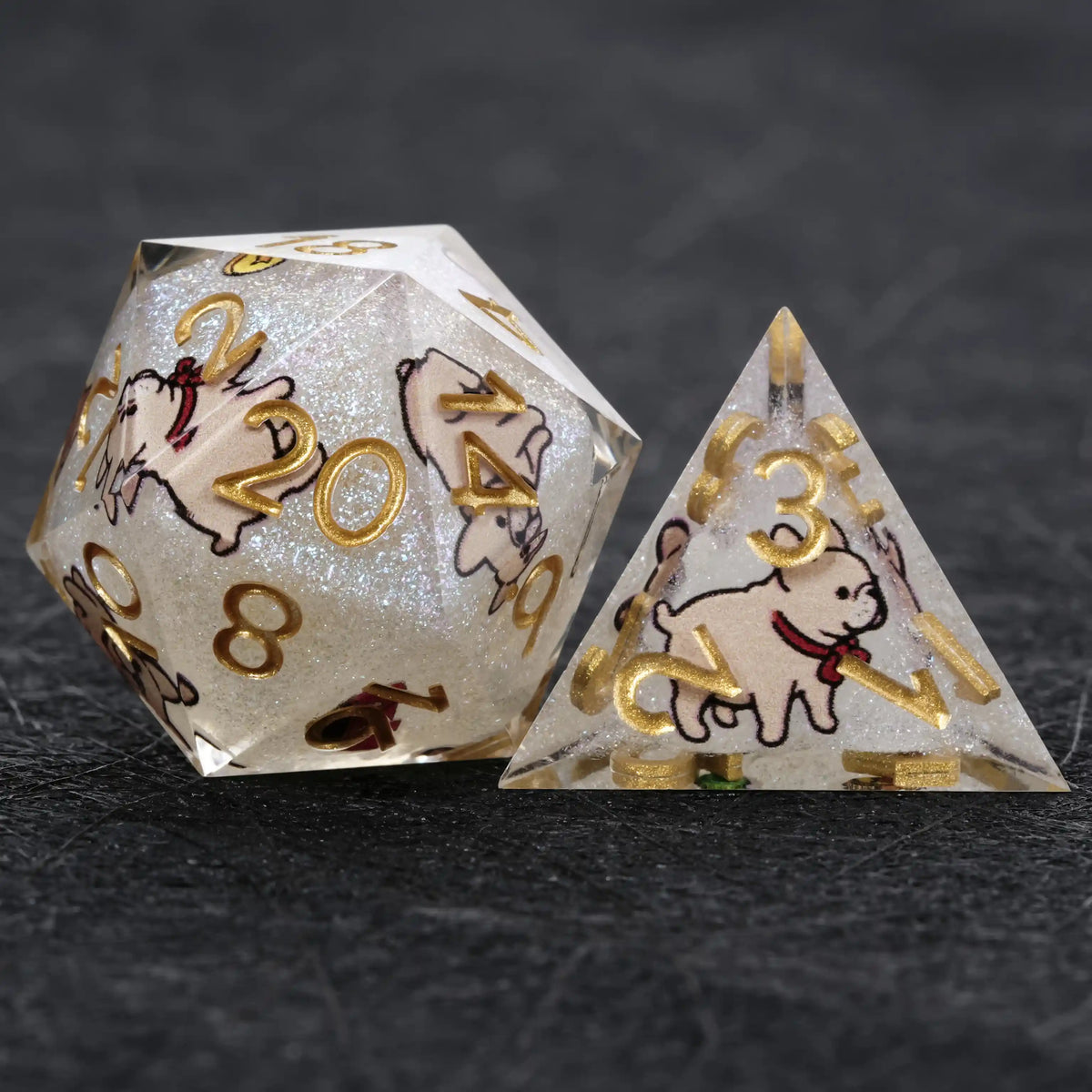 Dog Resin DND Dice Set – French Bulldog – Kickstarter Dice – White Glitter Resin Bulldog DND D20 and D4 Dice