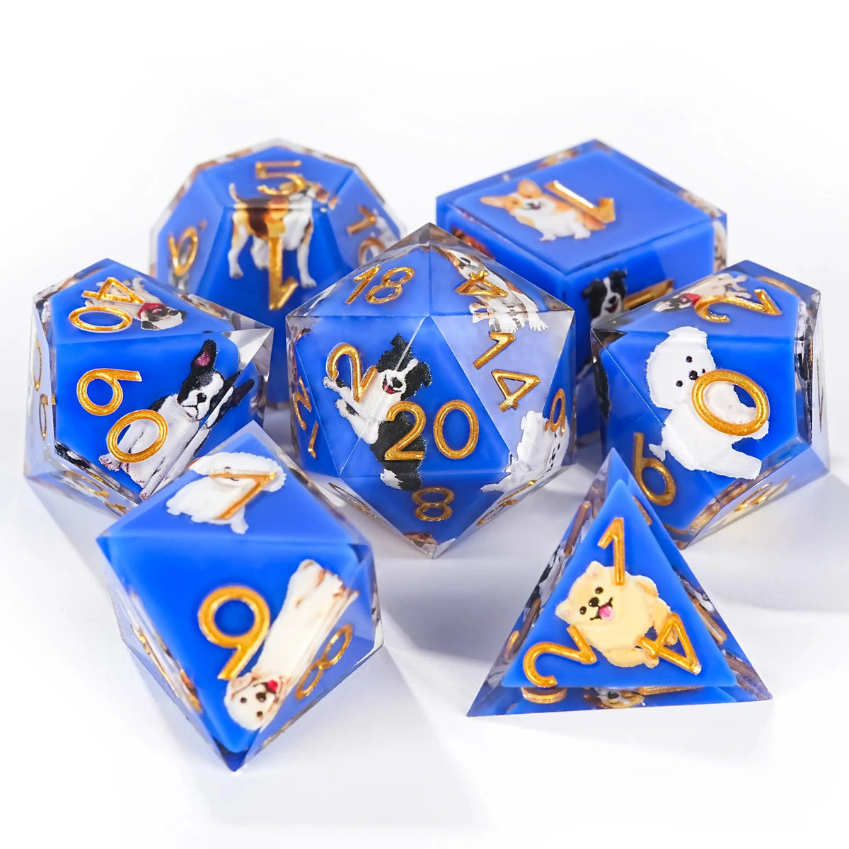 Dog Resin DND Dice Set – Gold Numbers – Colorful blue transparent resin cute dog pattern dice set + gold font