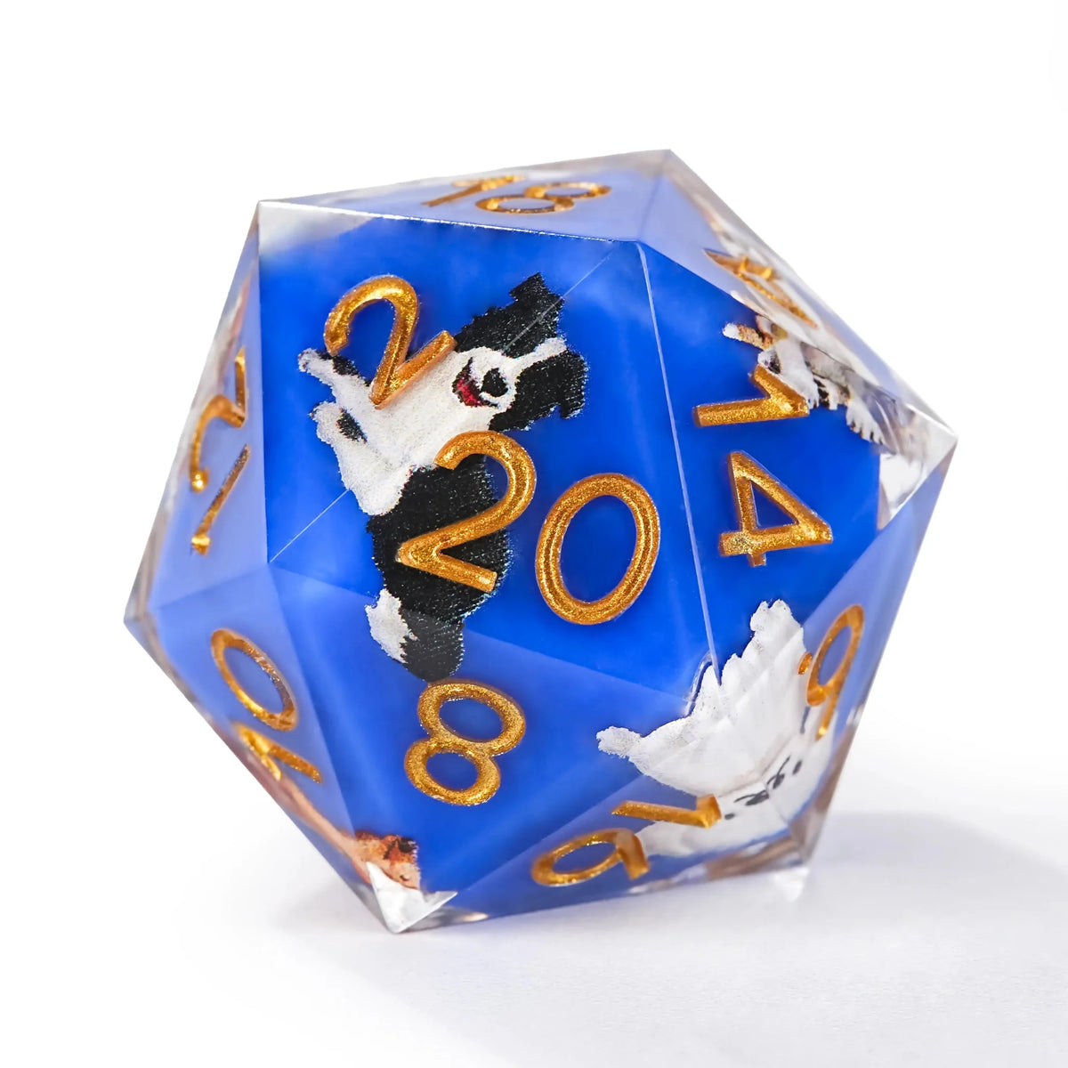 Dog Resin DND Dice Set – Gold Numbers – Colorful blue transparent resin cute dog pattern dice set + gold font