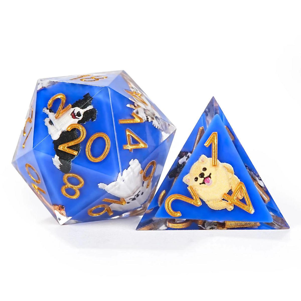 Dog Resin DND Dice Set – Gold Numbers – Colorful blue transparent resin cute dog pattern dice set + gold font
