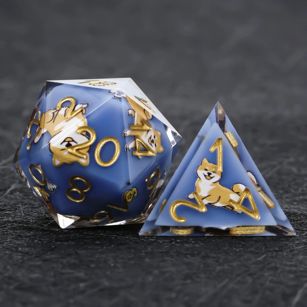Dog Resin DND Dice Set – Shiba Inu – Kickstarter Dice – Blue Resin Shiba Inu DND D20 and D4 Dice