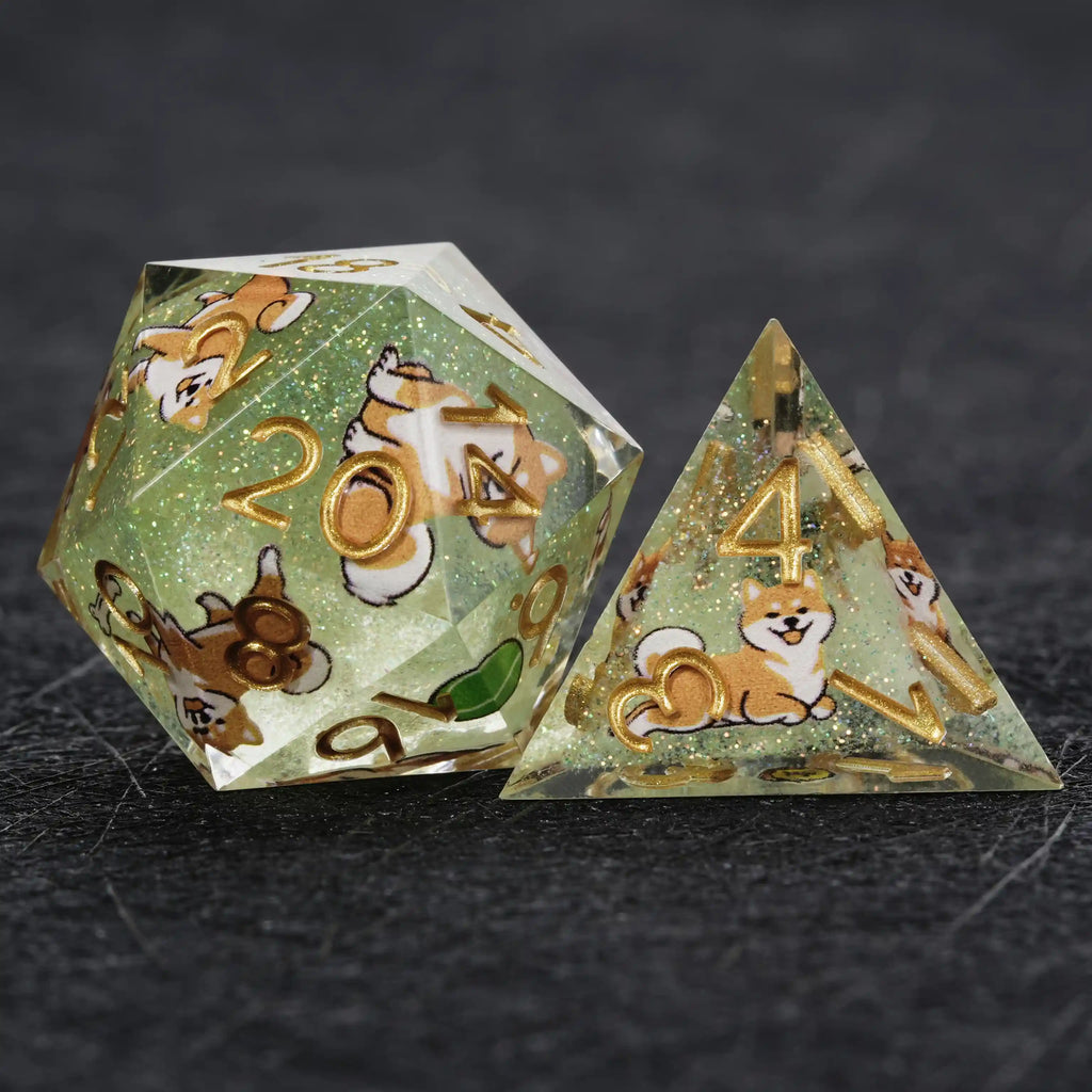 Dog Resin DND Dice Set – Shiba Inu – Kickstarter Dice – Green Glitter Resin Shiba Inu DND D20 and D4 Dice