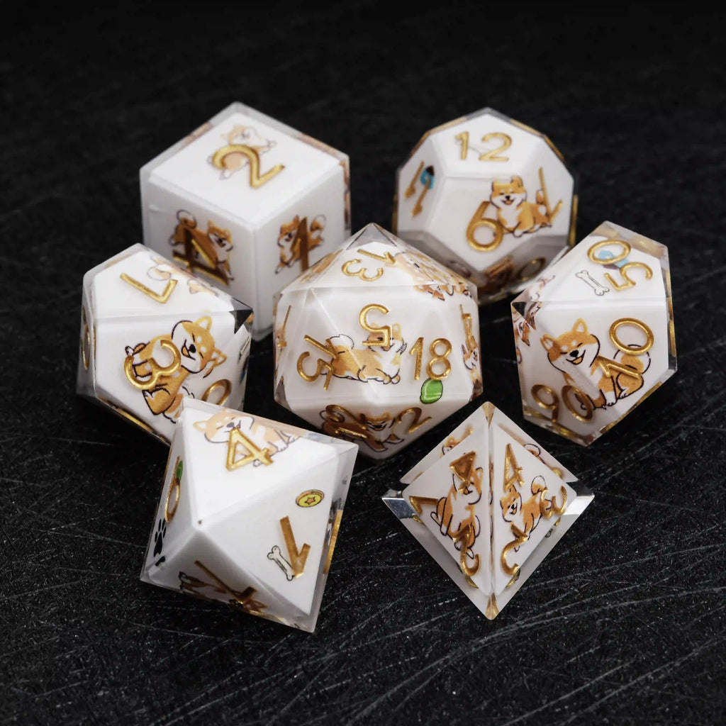 Dog Resin DND Dice Set – Shiba Inu – Kickstarter Dice – Sharp-Edged White Resin Shiba Inu DND Dice Set