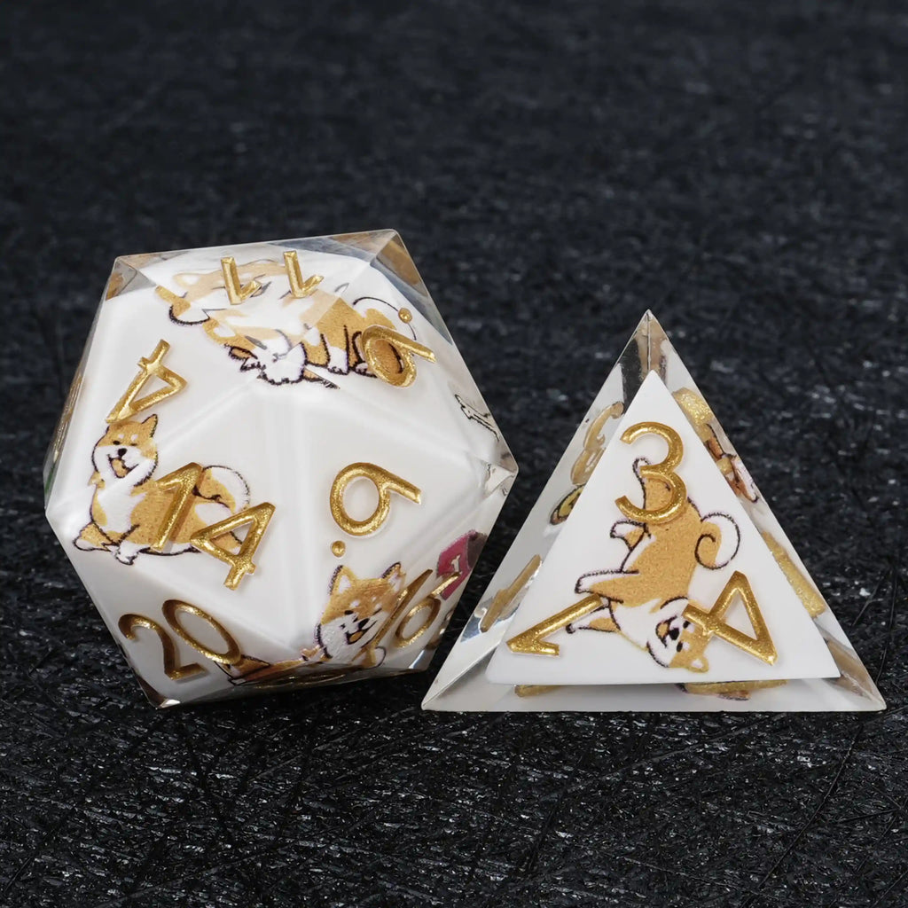 Dog Resin DND Dice Set – Shiba Inu – Kickstarter Dice – White Resin Shiba Inu DND D20 and D4 Dice