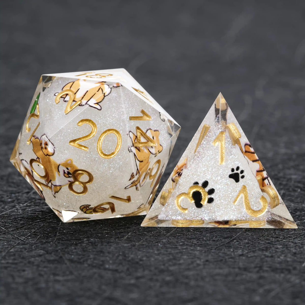 Dog Resin DND Dice Set – Shiba Inu – Kickstarter Dice – White Glitter Resin Shiba Inu DND D20 and D4 Dice