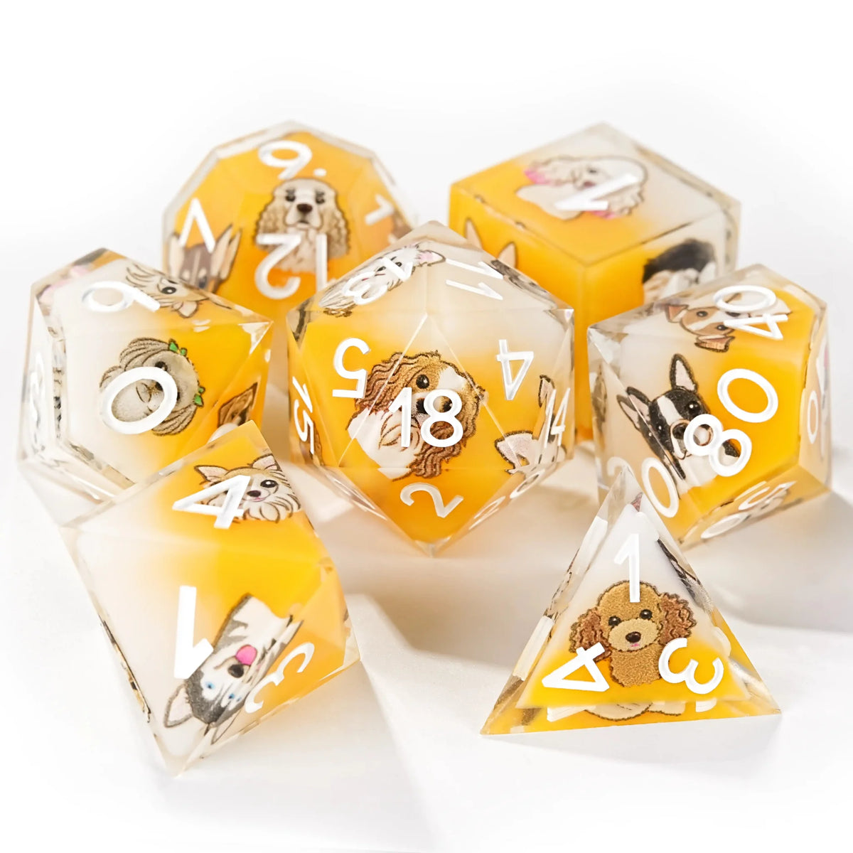 Dog Resin RPG Dice Set – Anime Team – Yellow and white resin cute pet anime dog team polyhedral dice set + white numbers