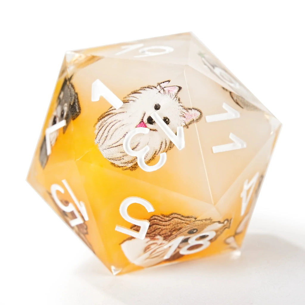 Dog Resin RPG Dice Set – Anime Team – Yellow and white resin cute pet anime dog team polyhedral dice set + white numbers