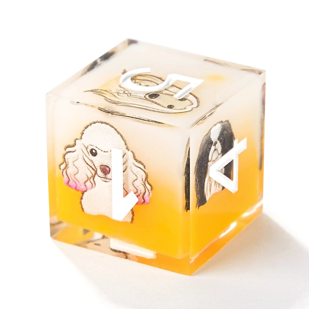 Dog Resin RPG Dice Set – Anime Team – Yellow and white resin cute pet anime dog team polyhedral dice set + white numbers