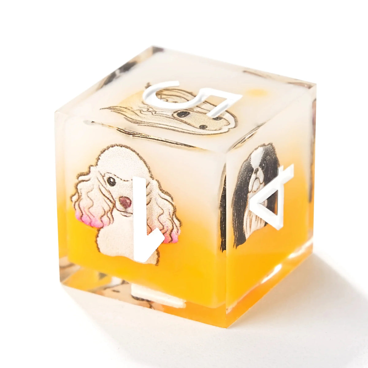 Dog Resin RPG Dice Set – Anime Team – Yellow and white resin cute pet anime dog team polyhedral dice set + white numbers