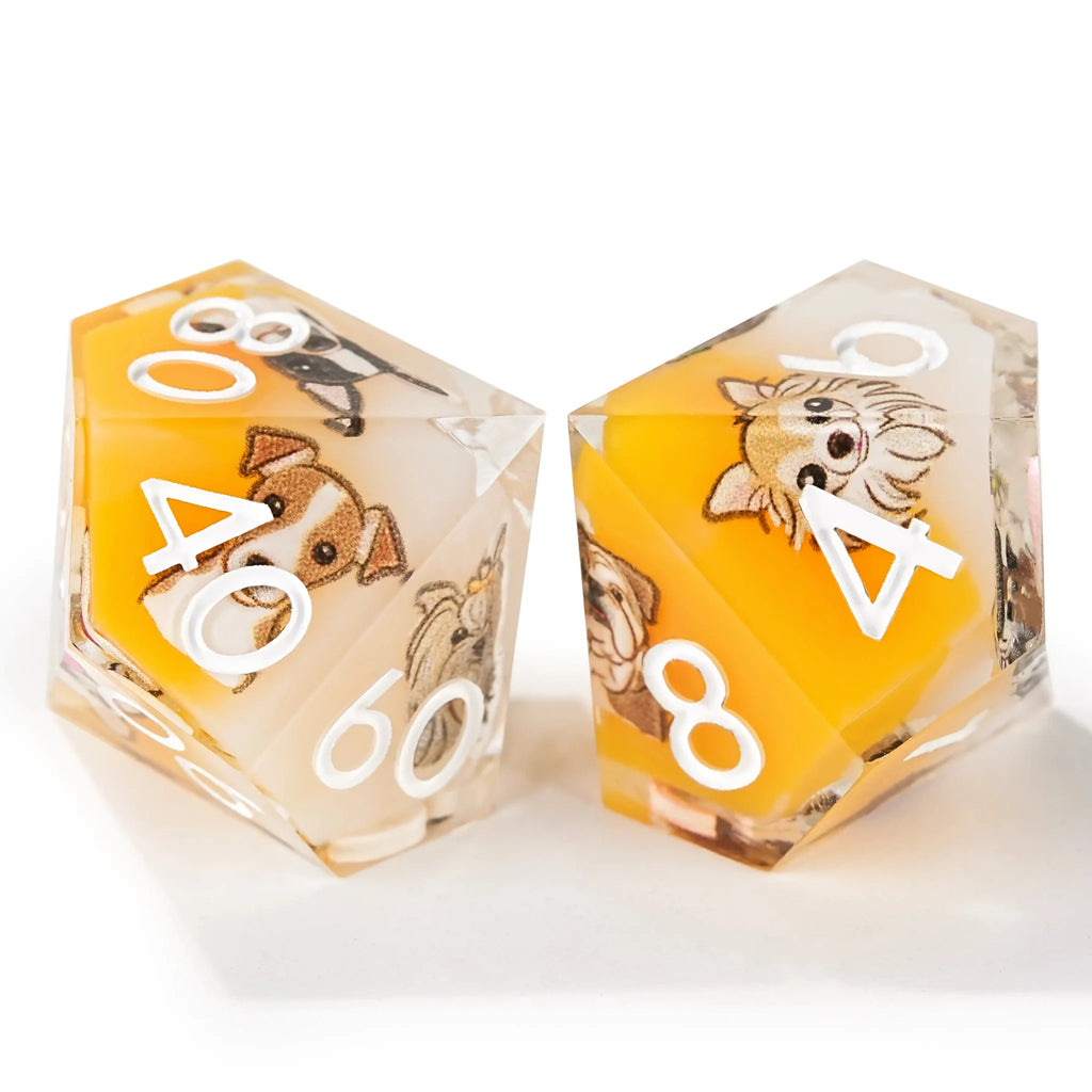 Dog Resin RPG Dice Set – Anime Team – Yellow and white resin cute pet anime dog team polyhedral dice set + white numbers