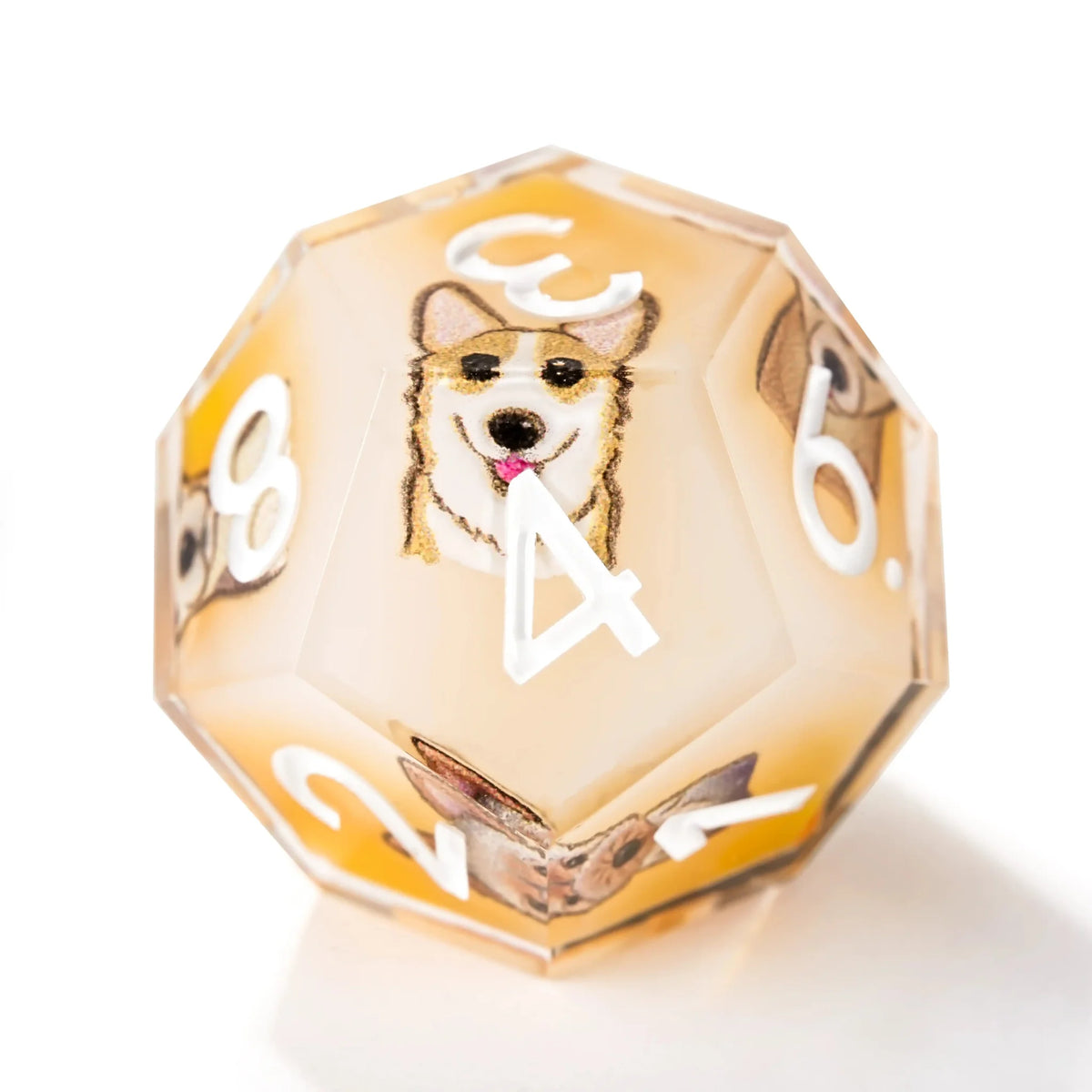 Dog Resin RPG Dice Set – Anime Team – Yellow and white resin cute pet anime dog team polyhedral dice set + white numbers