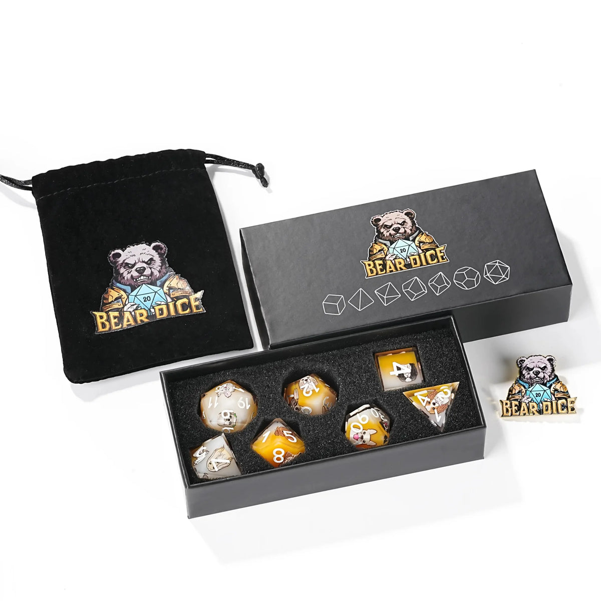 Dog Resin RPG Dice Set – Anime Team – Yellow and white resin cute pet anime dog team polyhedral dice set + white numbers