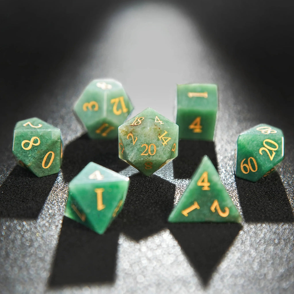 Dongling Digital Natural Stone RPG Dice Set – Gold Numbers – Green Dongling Gemstone Dice Set + Gold Numbers