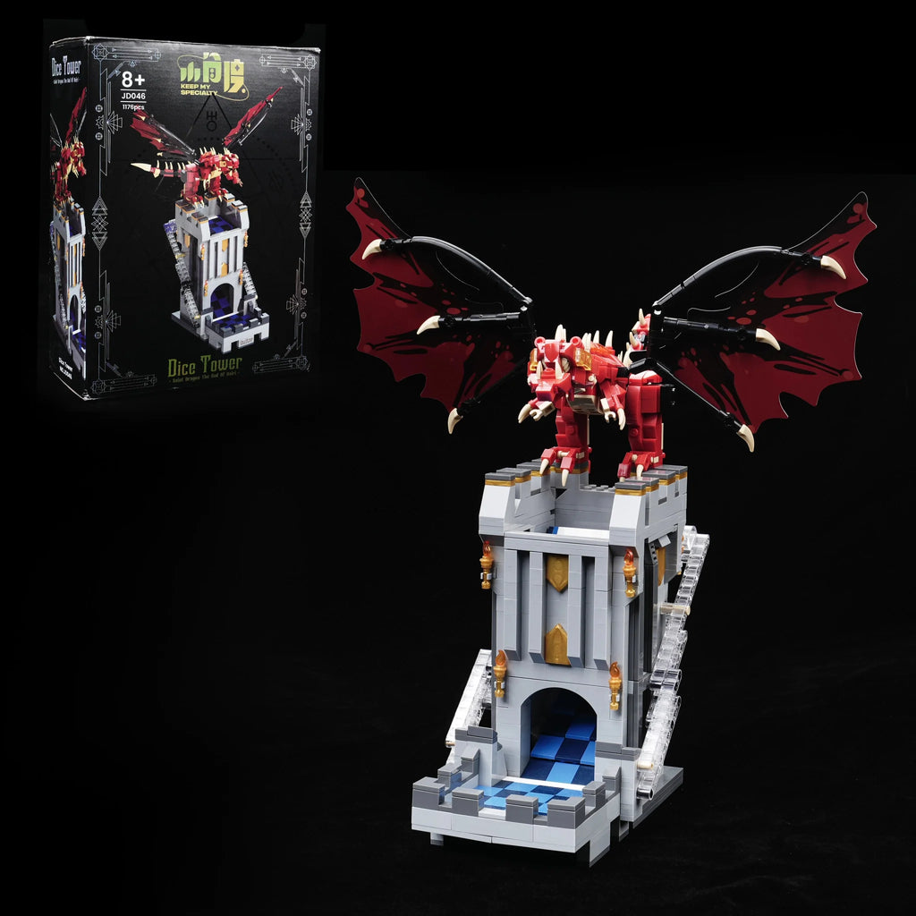 Dragon Dice Tower – Building Block – Dragon-themed dice tower plastic building block set with DND dice rolling