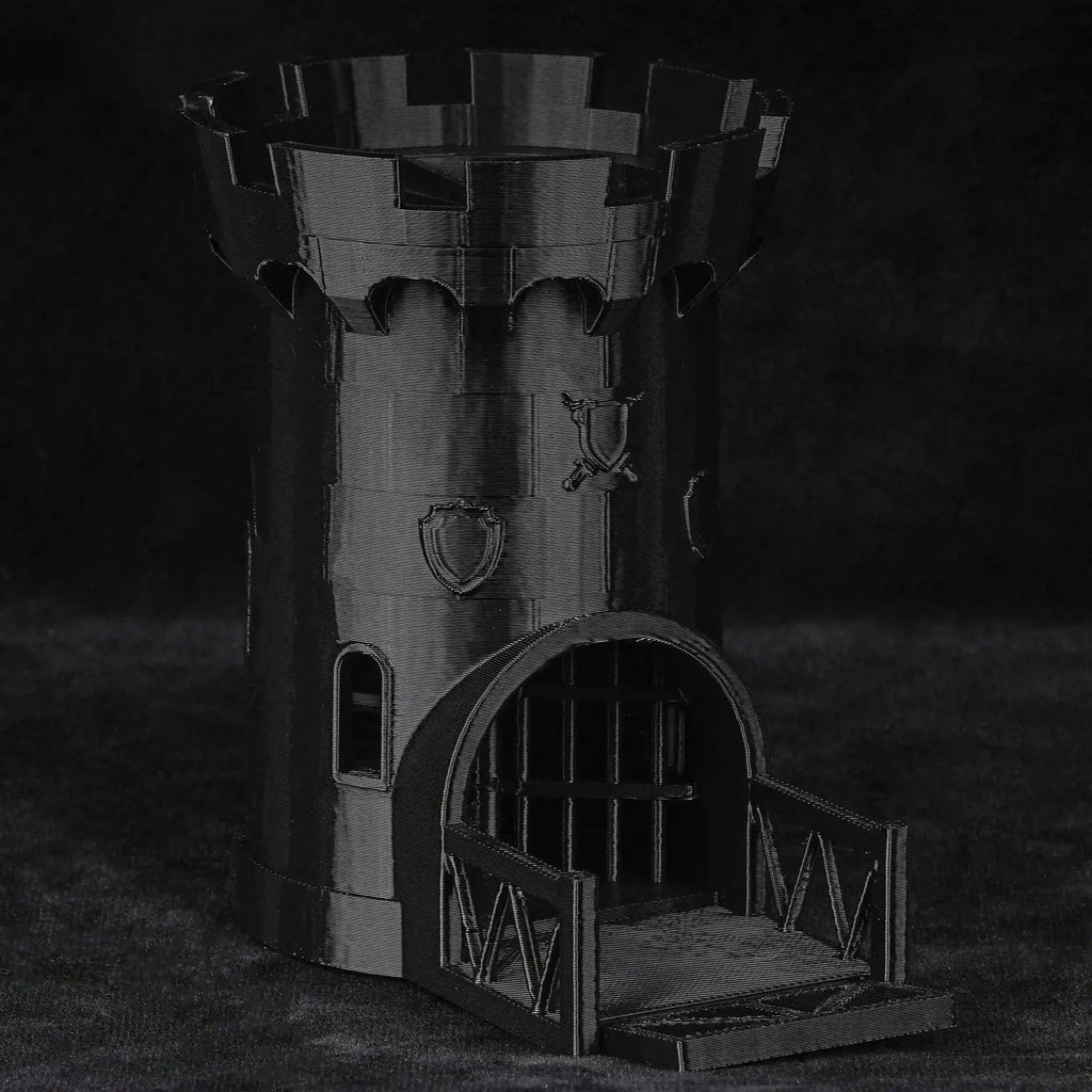 Dragon Dice Tower – Castle – 3D printed black Dungeons & Dragons medieval castle dice tower that can accommodate