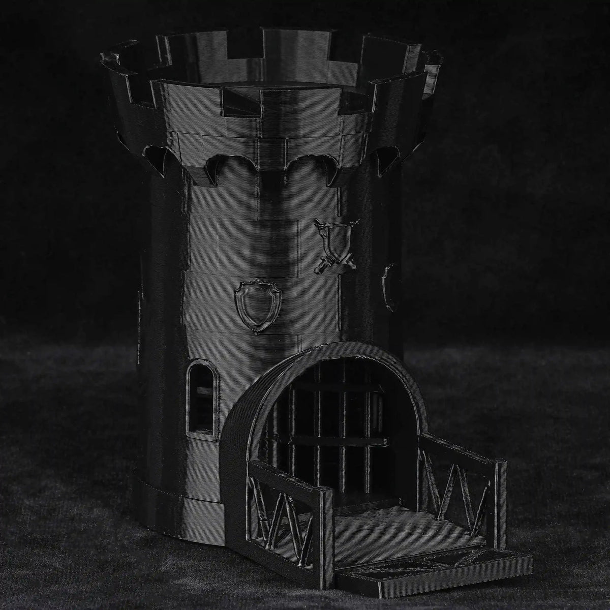 Dragon Dice Tower – Castle – 3D printed black Dungeons & Dragons medieval castle dice tower that can accommodate