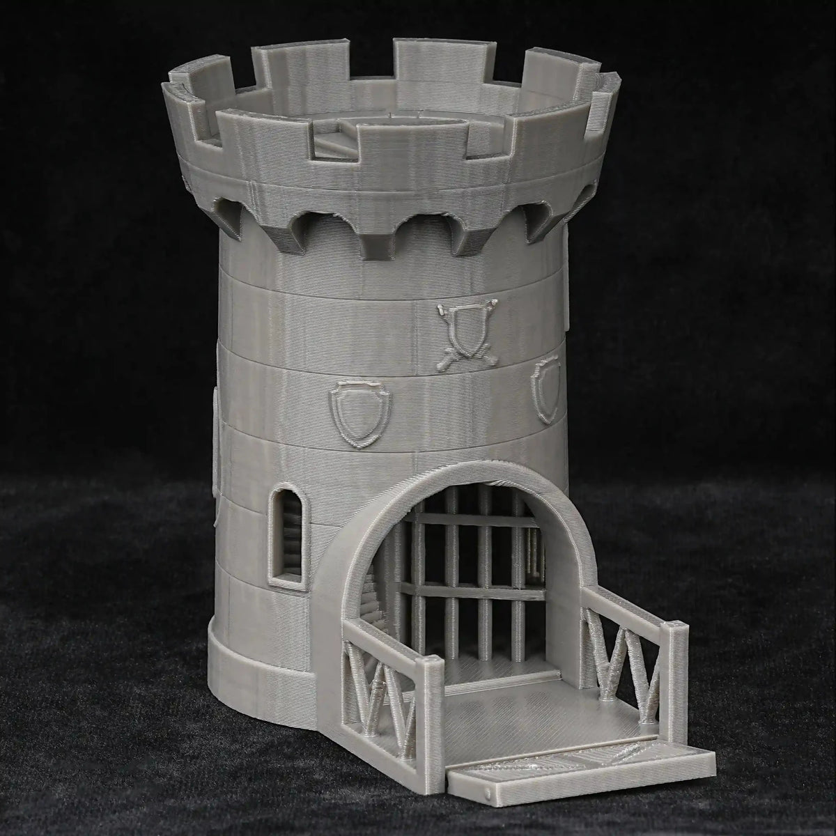 Dragon Dice Tower – Castle – 3D printed grey Dungeons & Dragons medieval castle dice tower that can accommodate