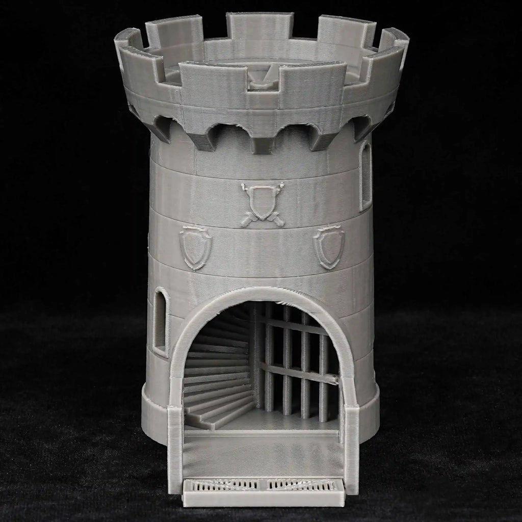 Dragon Dice Tower – Castle – 3D-printed grey medieval castle dice tower for Dungeons & Dragons, featuring a spiral