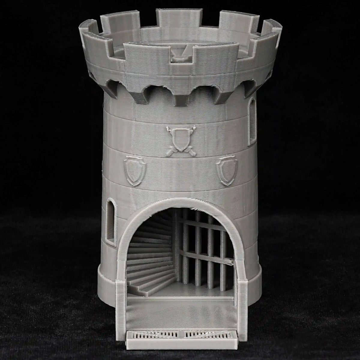 Dragon Dice Tower – Castle – 3D-printed grey medieval castle dice tower for Dungeons & Dragons, featuring a spiral