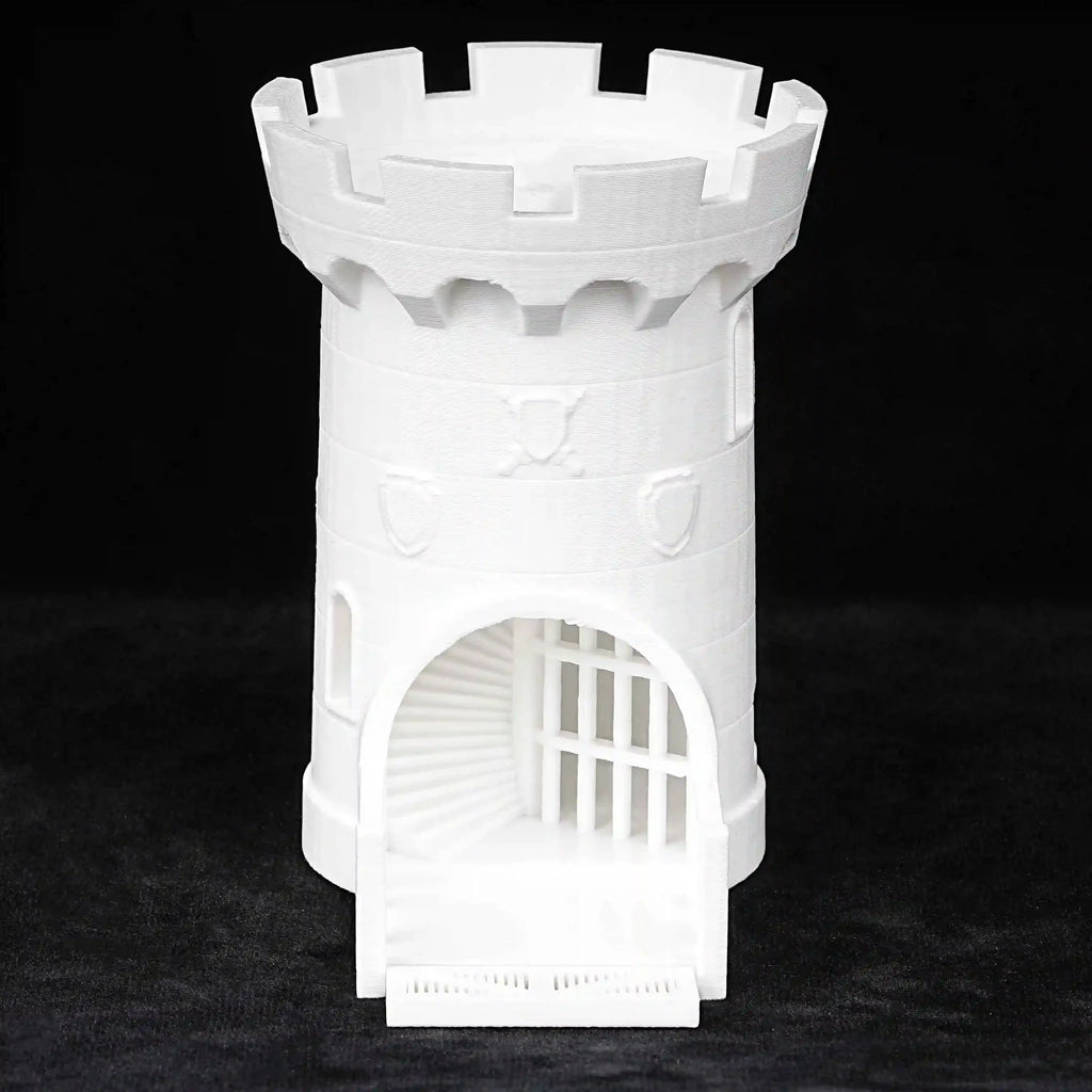 Dragon Dice Tower – Castle – 3D-printed white Dungeons & Dragons medieval castle dice tower with spiral staircase and