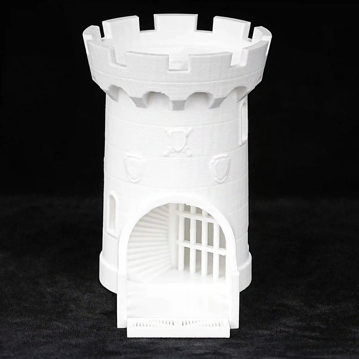 Dragon Dice Tower – Castle – 3D-printed white Dungeons & Dragons medieval castle dice tower with spiral staircase and