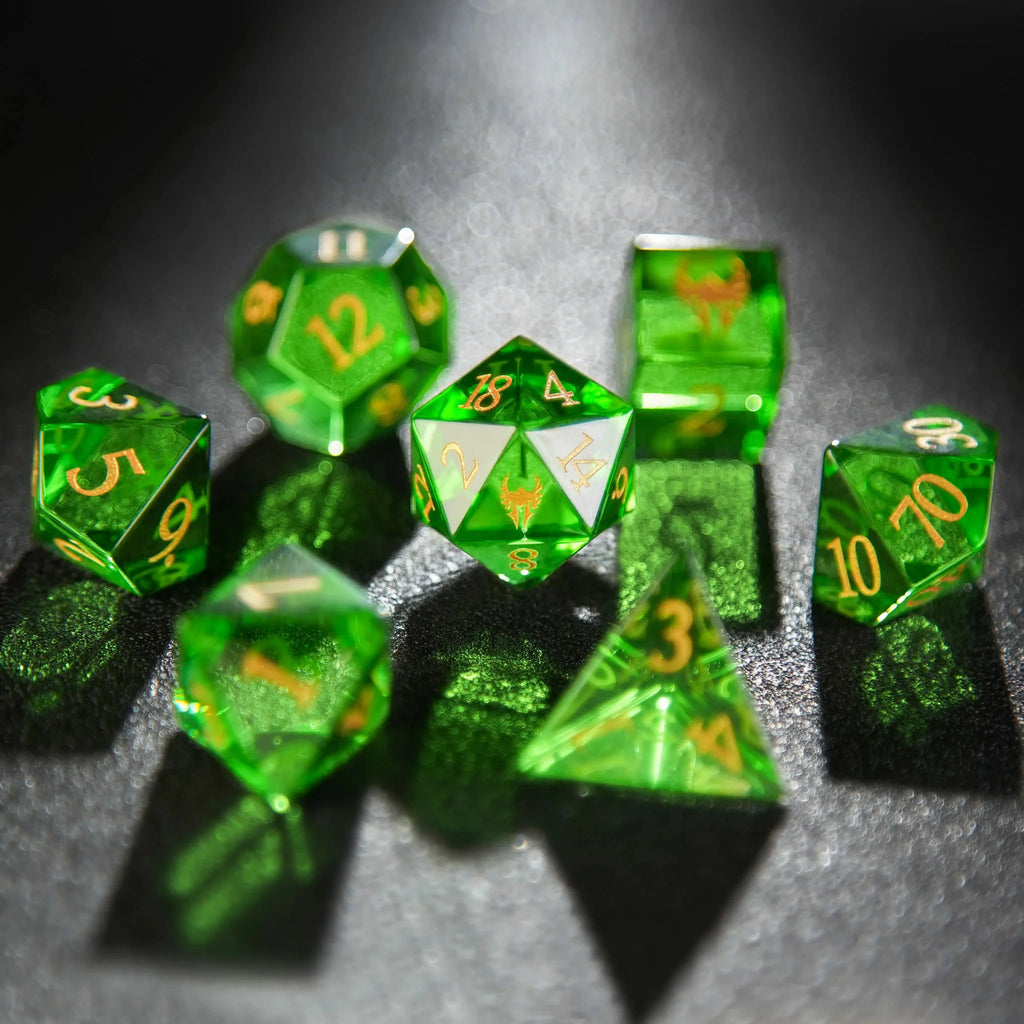 Dragon Gemstone DND Dice Set – Gold Numbers – Green Dragon Shadow Natural DND Gemstone Dice Set + Gold Numbers