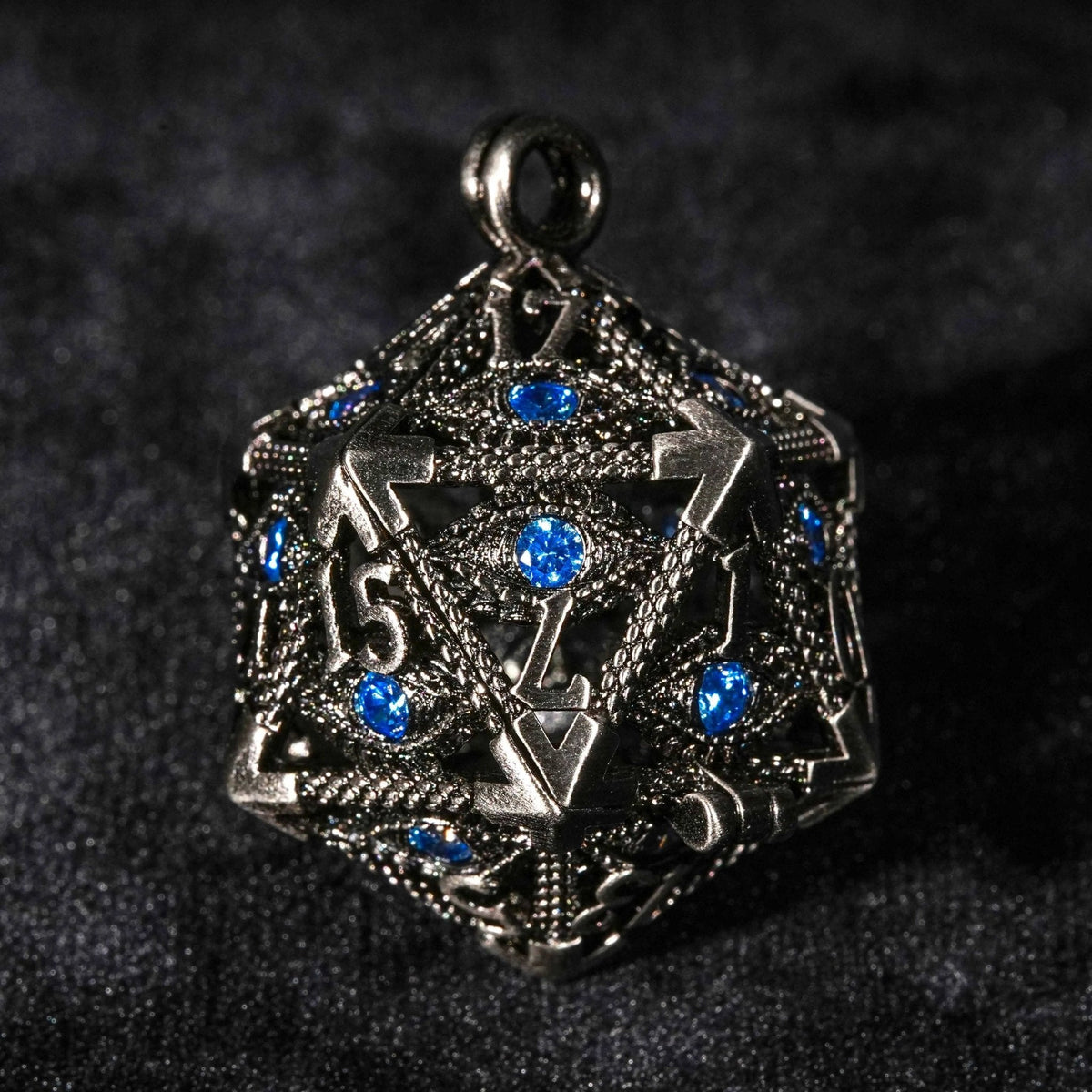 Dragon Keychain – Eye Cage D20 Dice Set – Sapphire Dragon Eye Metal Hollow D20 Dice Cage Keychain + 7 Mini Metal Dice