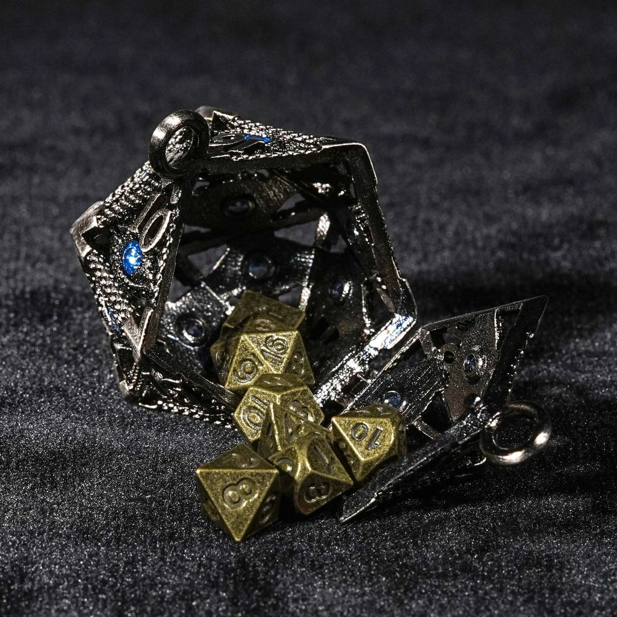 Dragon Keychain – Eye Cage D20 Dice Set – Sapphire Dragon Eye Metal Hollow D20 Dice Cage Keychain + 7 Mini Metal Dice