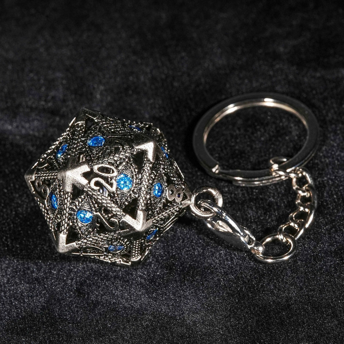 Dragon Keychain – Eye Cage D20 Dice Set – Sapphire Dragon Eye Metal Hollow D20 Dice Cage Keychain + 7 Mini Metal Dice