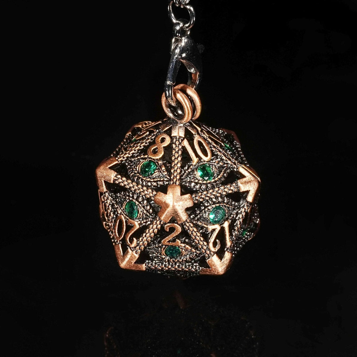 Dragon Keychain – Eye Cage – Mini Emerald 1 Dice Set – Bronze Emerald Dragon Eye Hollow Metal Dice Keychain + 7 Mini