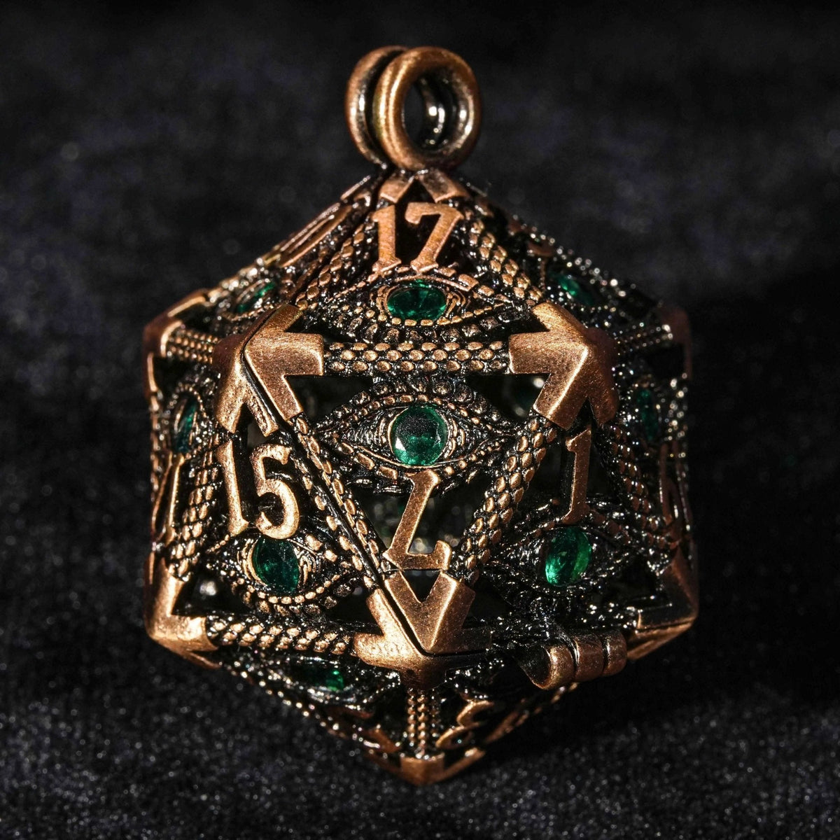 Dragon Keychain – Eye Cage – Mini Emerald 1 Dice Set – Bronze Emerald Dragon Eye Hollow Metal Dice Keychain + 7 Mini
