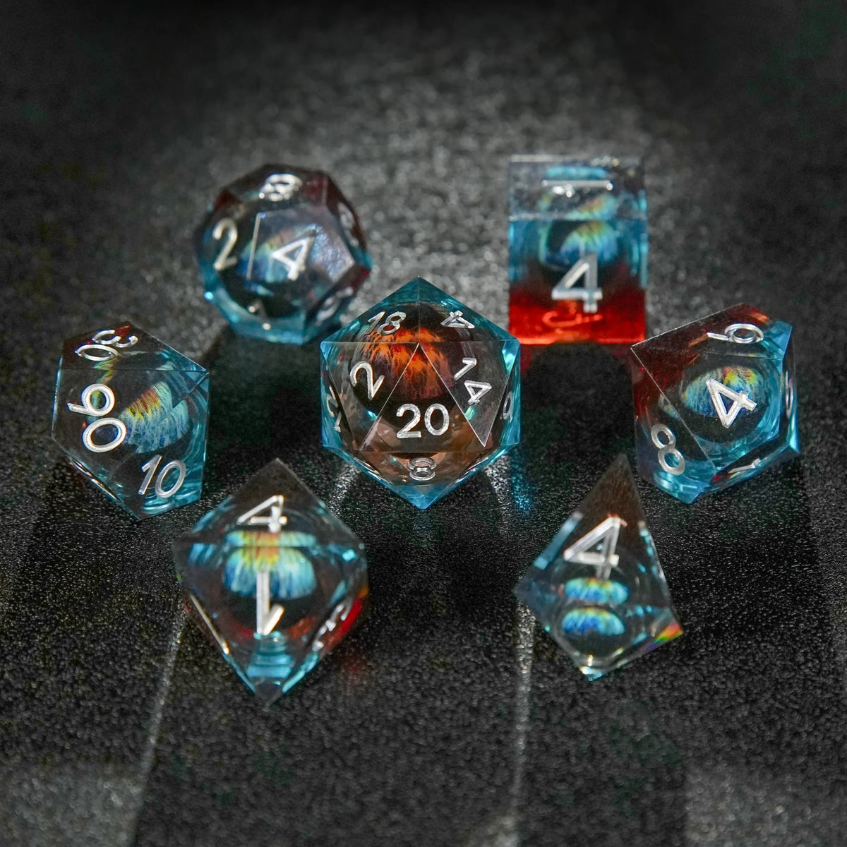 Dragon Liquid Core Dice Set – Eye – Blue and Red Transparent Liquid Core Dragon Eye Resin DND Dice Set + Silver Numbers