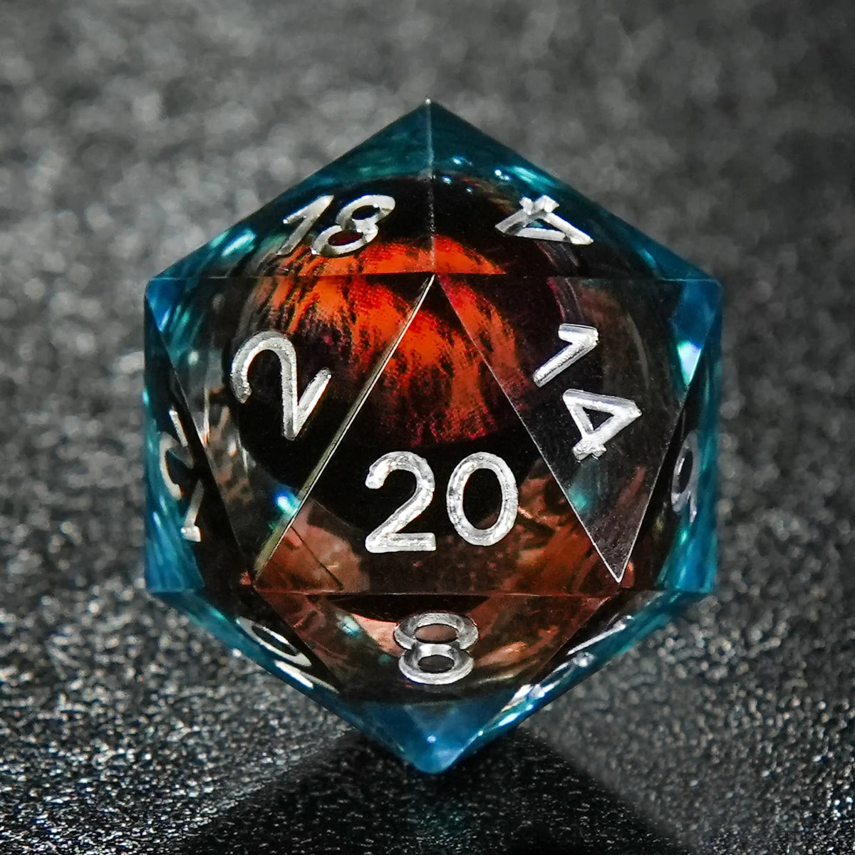 Dragon Liquid Core Dice Set – Eye – Blue and Red Transparent Liquid Core Dragon Eye Resin DND Dice Set + Silver Numbers