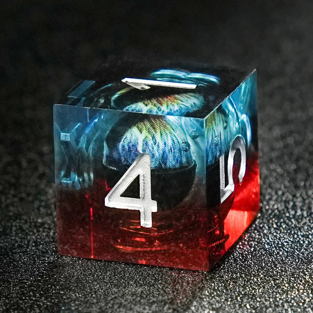 Dragon Liquid Core Dice Set – Eye – Blue and Red Transparent Liquid Core Dragon Eye Resin DND Dice Set + Silver Numbers