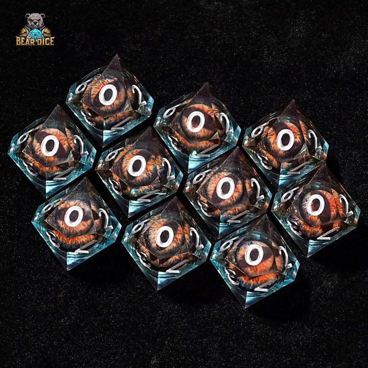 Dragon Liquid Core Dice Set – Eye Clear – Blue transparent resin D10 dice liquid core longan 10 - sided dice