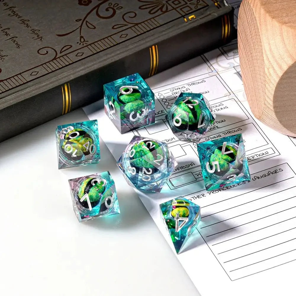 Dragon Liquid Core Liquid Core Dice Set – Eye – Green Dragon's Eye Liquid Core Clear Resin DND Dice Set with Silver
