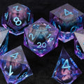 Dragon Liquid Core Liquid Core Dice Set – Eye – Personalized Design 1 – Light purple resin core, black dragon eye DND