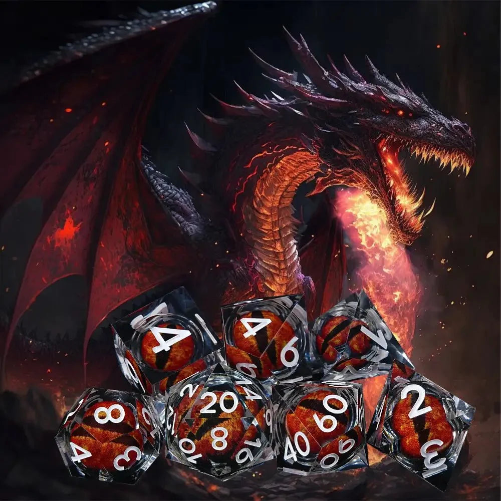 Dragon Liquid Core Liquid Core Dice Set – Eye – Personalized Design 1 – Purple transparent resin liquid core dragon eye