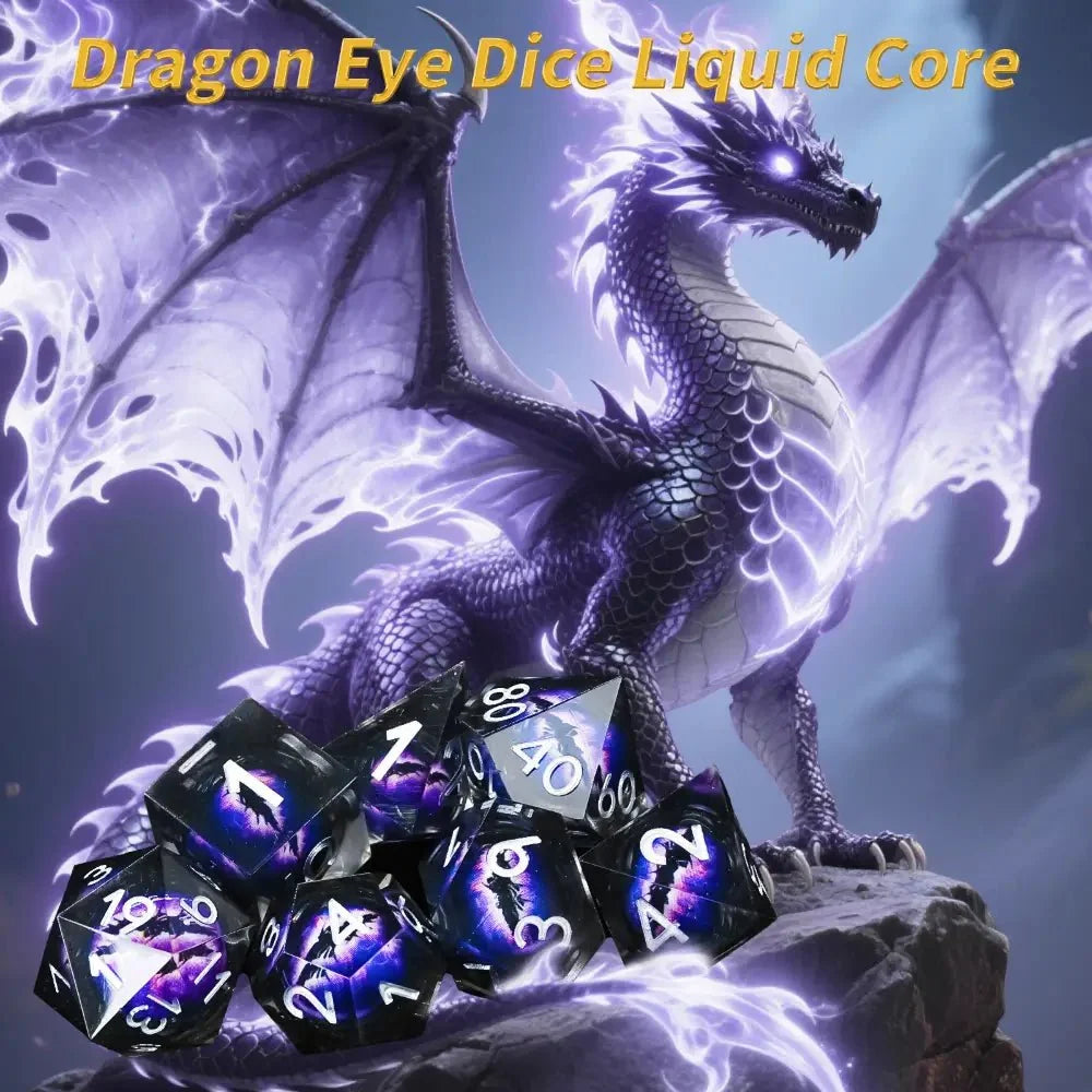 Dragon Liquid Core Liquid Core Dice Set – Eye – Personalized Design 1 – Purple transparent resin liquid core dragon eye