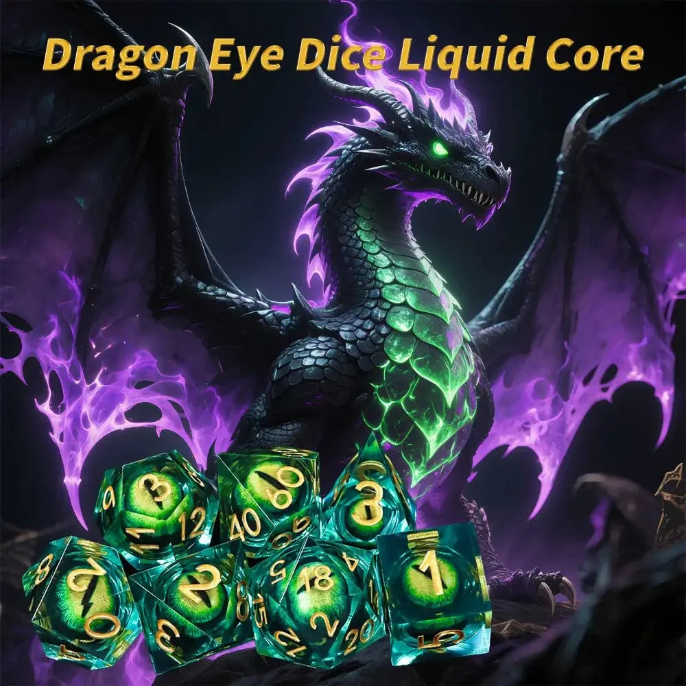 Dragon Liquid Core Liquid Core Dice Set – Eye – Personalized Design 1 – Purple transparent resin liquid core dragon eye