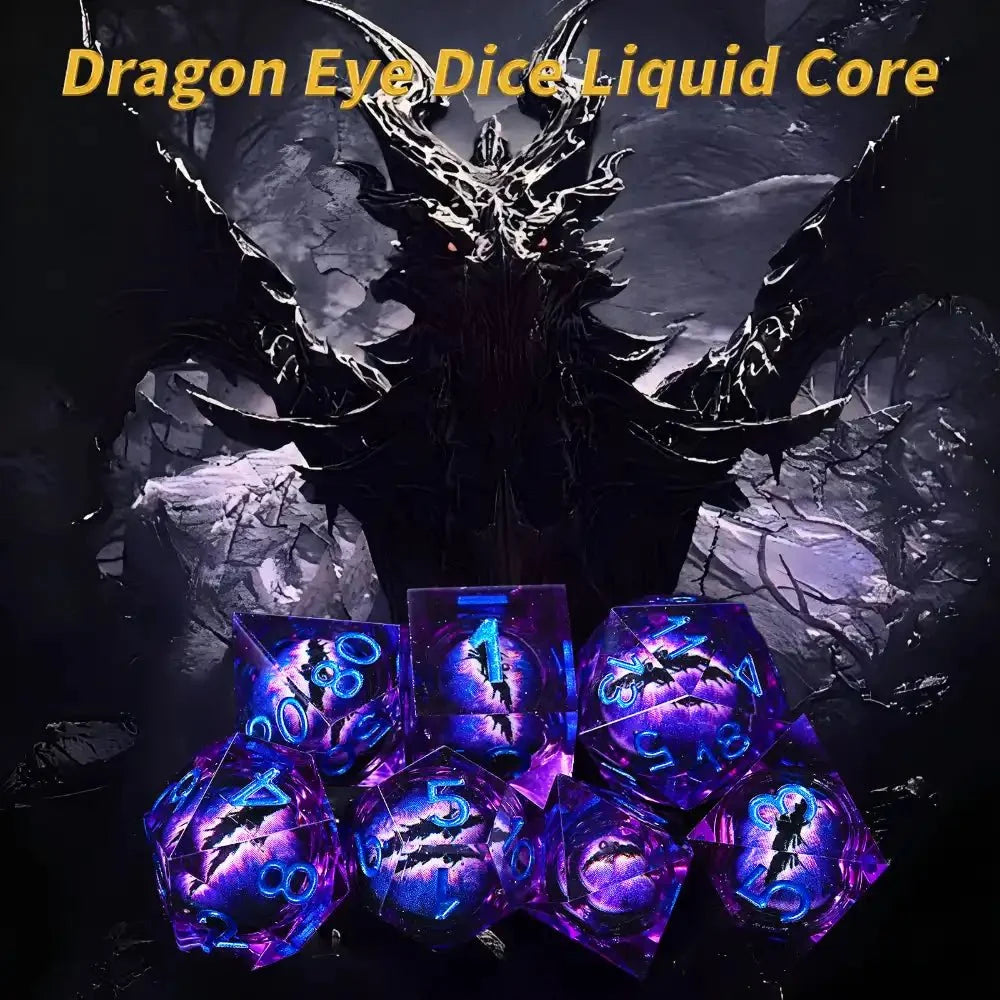 Dragon Liquid Core Liquid Core Dice Set – Eye – Personalized Design 1 – Purple transparent resin liquid core dragon eye