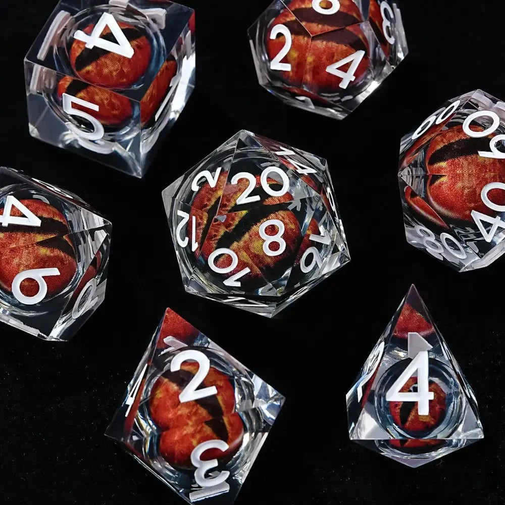 Dragon Liquid Core Liquid Core Dice Set – Eye – Personalized Design 2 – Transparent resin liquid core red dragon eye