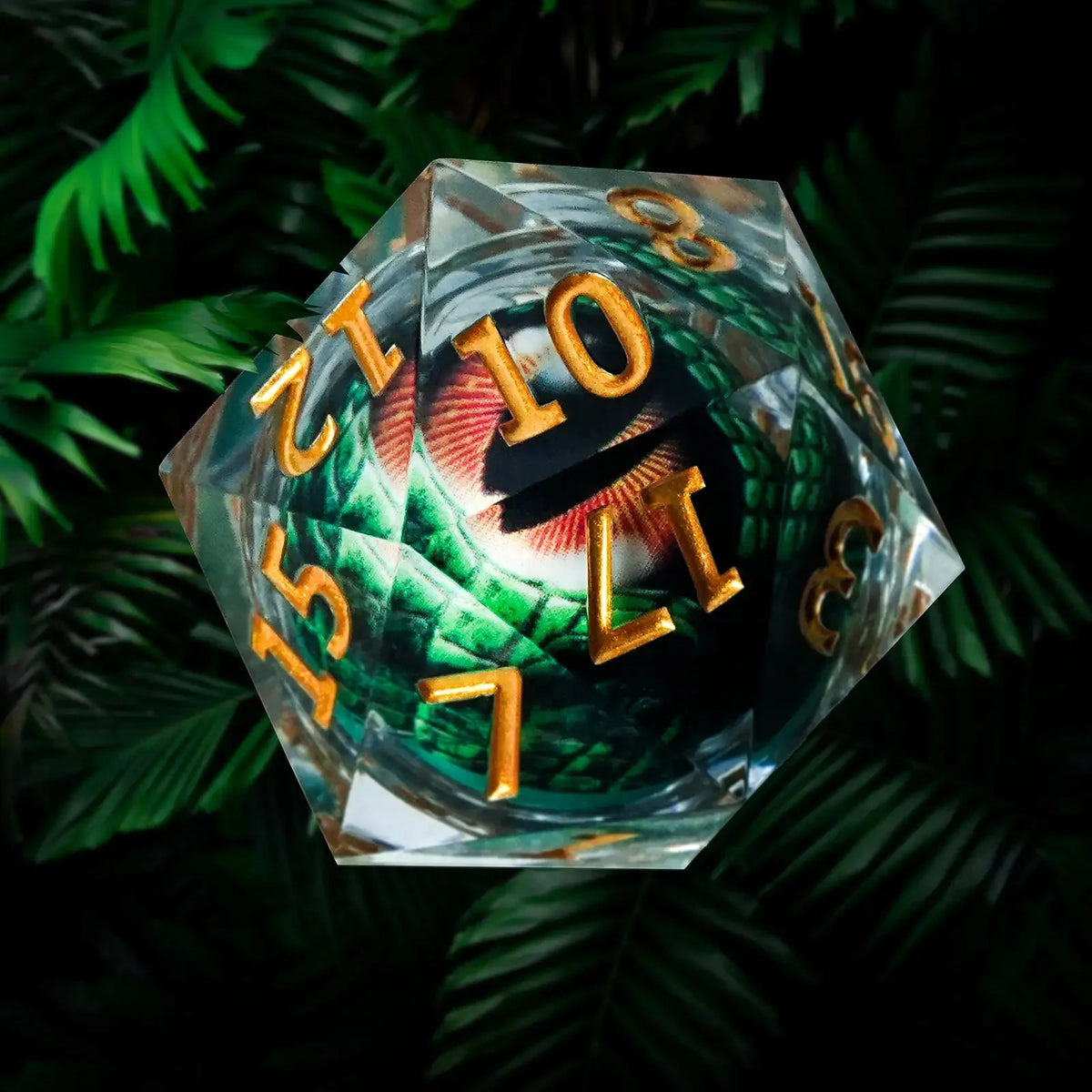 Dragon Liquid Core Dice Set – Gold Numbers – 35mm Eye – 35mm Giant Green Dragon Eye Liquid Core Clear Resin D20 Dice