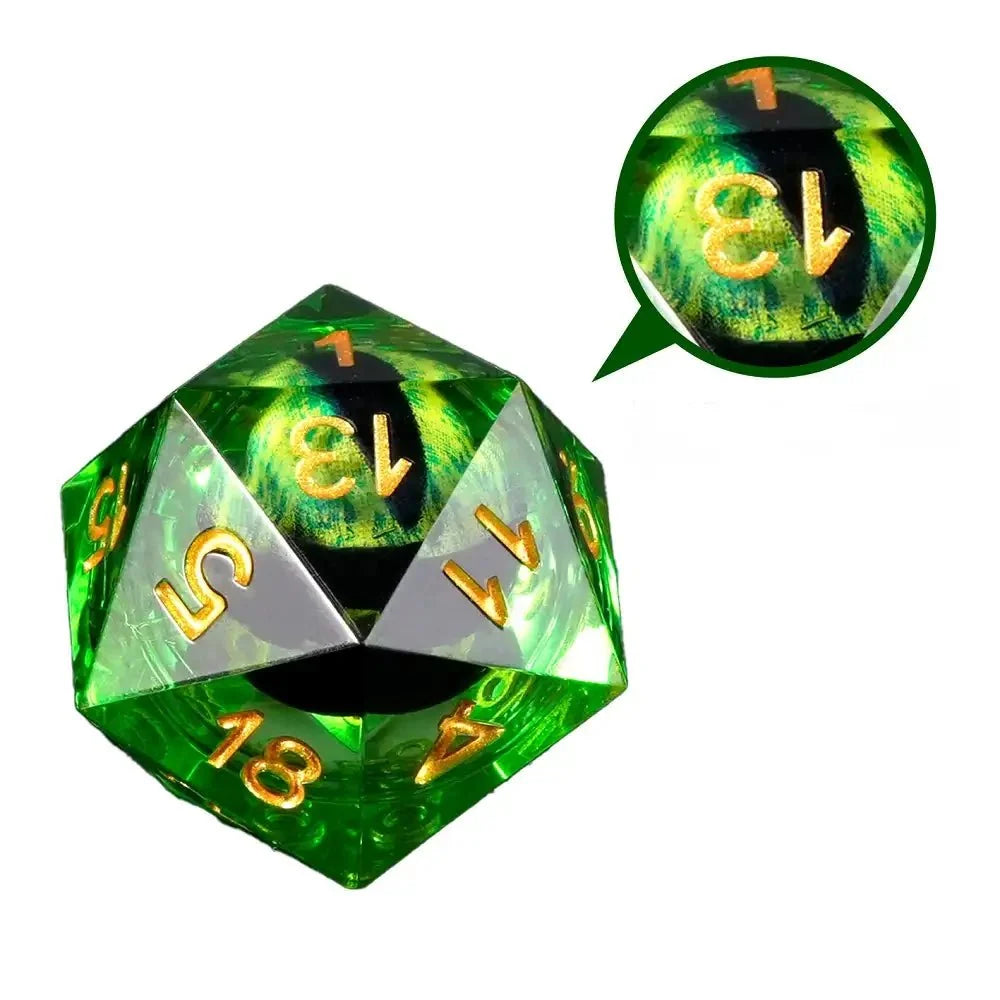 Dragon Liquid Core Dice Set – Gold Numbers – Edged Longan – Sharp-edged green resin dragon eye core DND D20 dice + gold