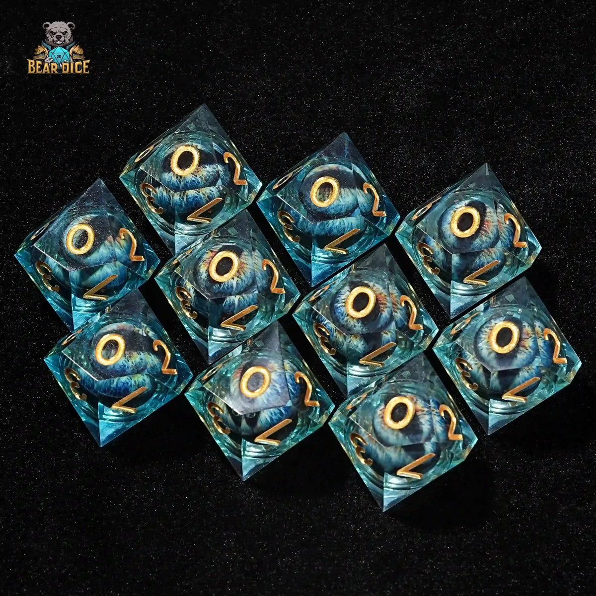 Dragon Liquid Core Dice Set – Gold Numbers – Eye – 10 Blue Dragon Eye Core 10-Sided Dice (D10 Dice), perfect for