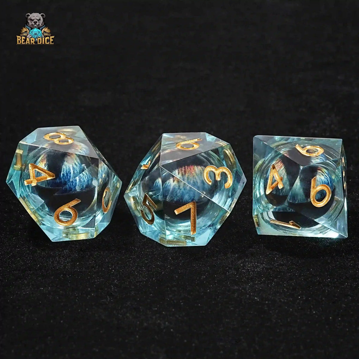 Dragon Liquid Core Dice Set – Gold Numbers – Eye – 3 Blue Dragon Eye Cores | 10-Sided Dice (D10 Dice)