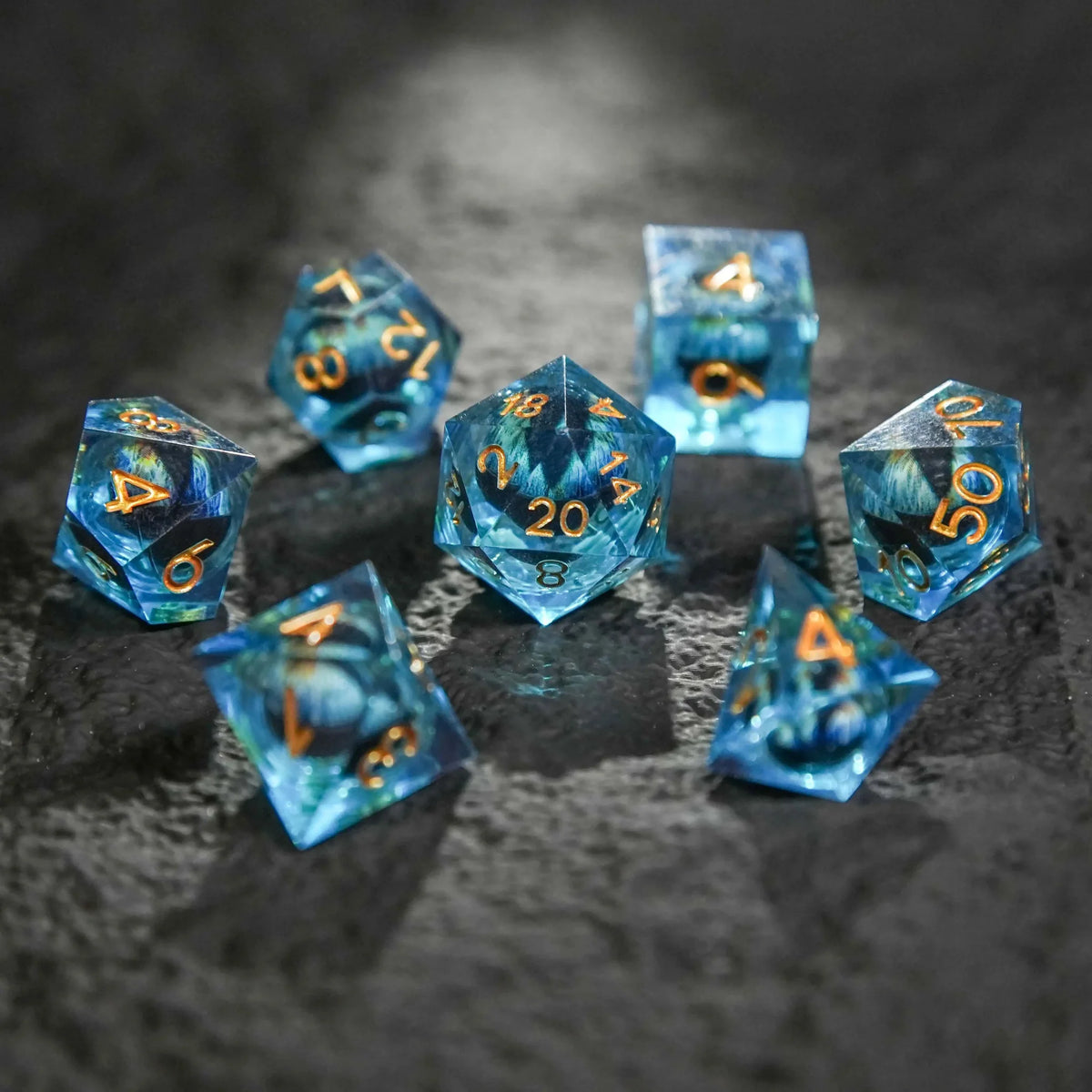 Dragon Liquid Core Dice Set – Gold Numbers – Eyes – Blue Dragon's Eye Liquid Core Resin DND Dice Set + Gold Numbers