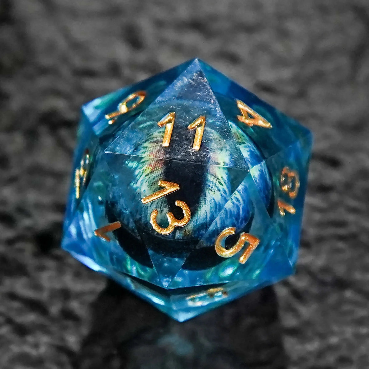 Dragon Liquid Core Dice Set – Gold Numbers – Eyes – Blue Dragon's Eye Liquid Core Resin DND Dice Set + Gold Numbers