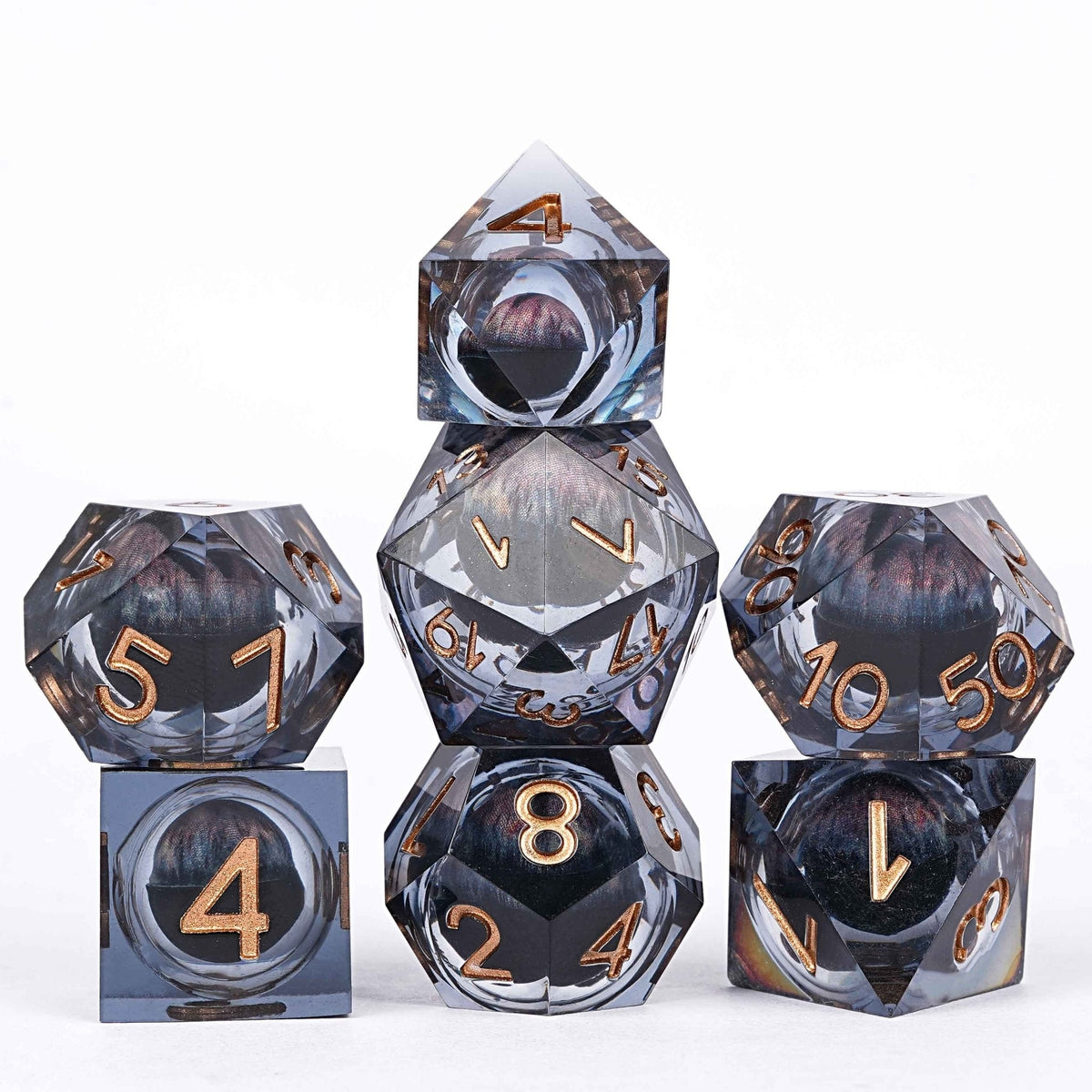 Dragon Liquid Core Dice Set – Sharp Edge – Sharp - edged black dragon's eye transparent liquid core resin DND dice set